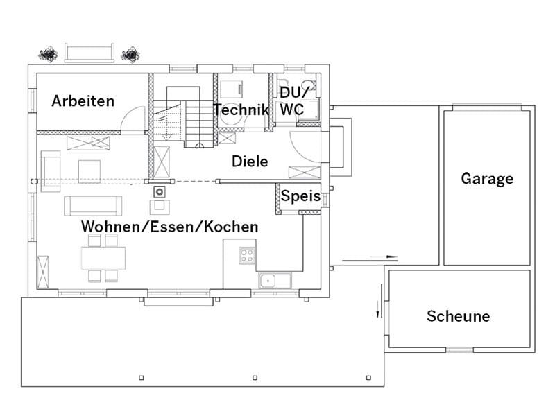Grundriss Erdgeschoss Blockhaus (Chiemgauer Holzhaus)
