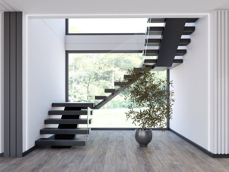 Danwood NEXT 203 freischwebende dunkle Treppe mit Glasgeländer vor Panoramafenster