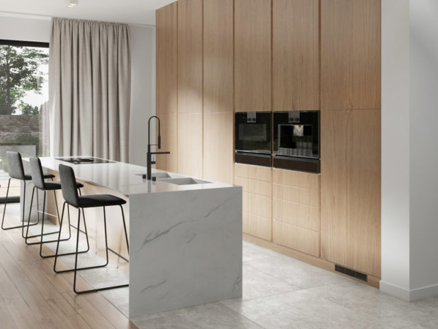 Danwood Vision 154 Küchenzeile mit Holzfronten und marmorfarbenem Tresen davor mit 3 Barstühlen