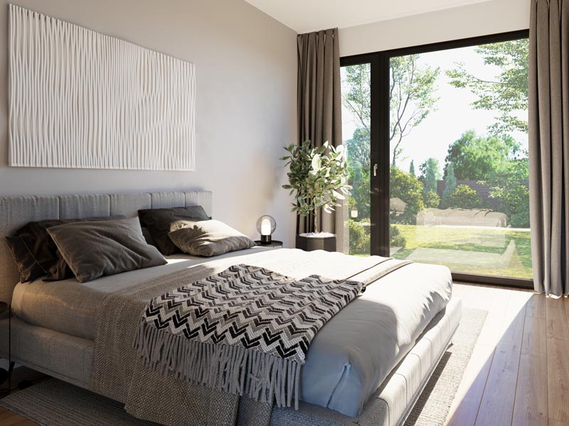 Danwood Vision 154 Schlafzimmer mit Doppelbett vor Panoramafenster