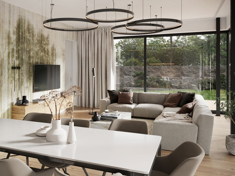 Danwood Vision 154 Wohn-Essbereich mit Panoramafenstern und vier Ringen als Deckenleuchten