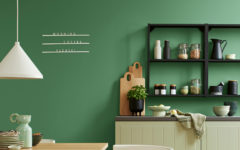 Küche mit hellen Möbeln, schwarzem Regal vor rosmaringrüner Wand