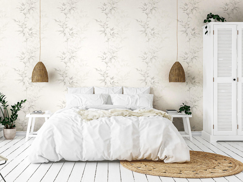 Schlafzimmer im Boho-Style gestaltet mit passender Tapete in Grau- und Pudertönen