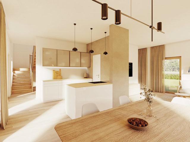 LIV Hauskonzept FingerHaus Küche und Essbereich in hellen Holztönen und weiß eingerichtet