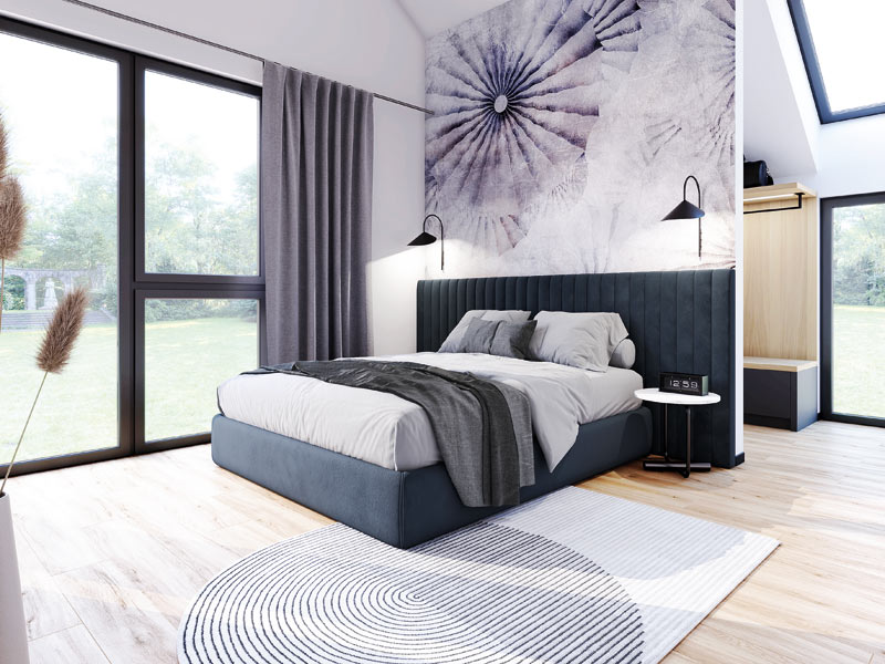 Schlafzimmern mit großen Fenstern von zwei Seitenwind einem eleganten Doppelbett