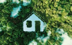 QNG Kriterien Nachhaltigkeit - See in Form eines Hauses inmitten von Bäumen und Sträuchern