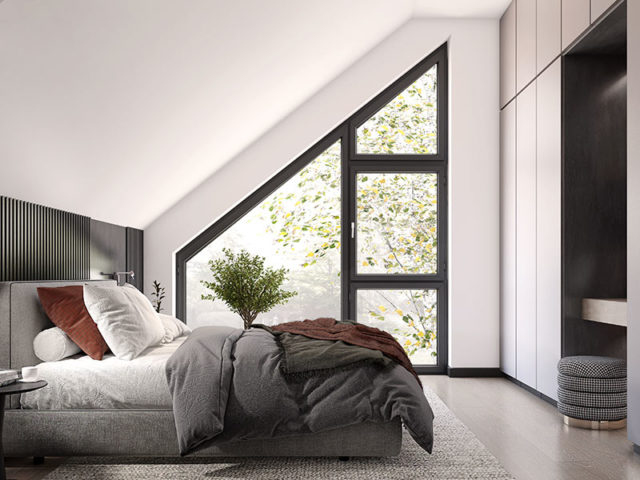 Schlafzimmer in einem Vision von Danwood mit Einbauschrank und bequemen Doppelbett vor einem großen Fenster