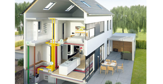 Lüftung und Wärmerückgewinnung mit einer zentralen Lüftungsanlage in einem Einfamilienhaus mit Keller dargestellt.