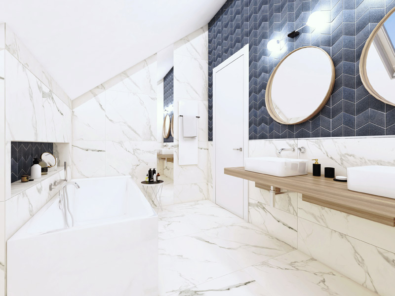 Designbeispiel Bad mit Doppelwaschtisch und Badewanne der Danwood VISION Linie