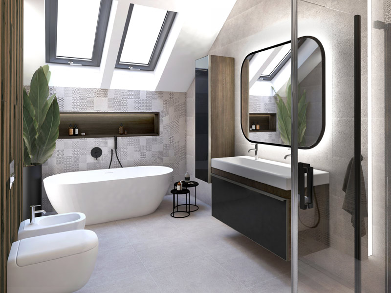 Designbeispiel Bad mit Doppelwaschtisch, Dusche und Badewanne der Danwood VISION Linie