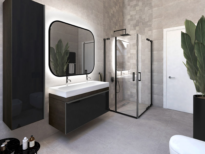Designbeispiel Bad mit Doppelwaschtisch und Dusche der Danwood VISION Linie