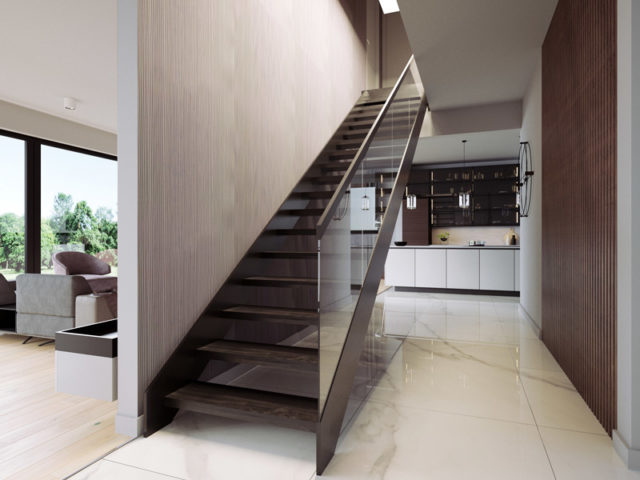Danwood VISION Treppe aus Holz und Glas, die gerade ins Obergeschoss führt