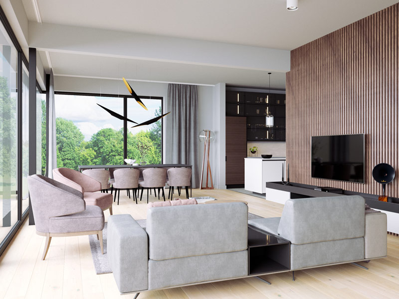 Danwood VISION 227 Wohn- und Essbereich mit grauer Couch und lila-rosafarbenen Sesseln und Stühlen