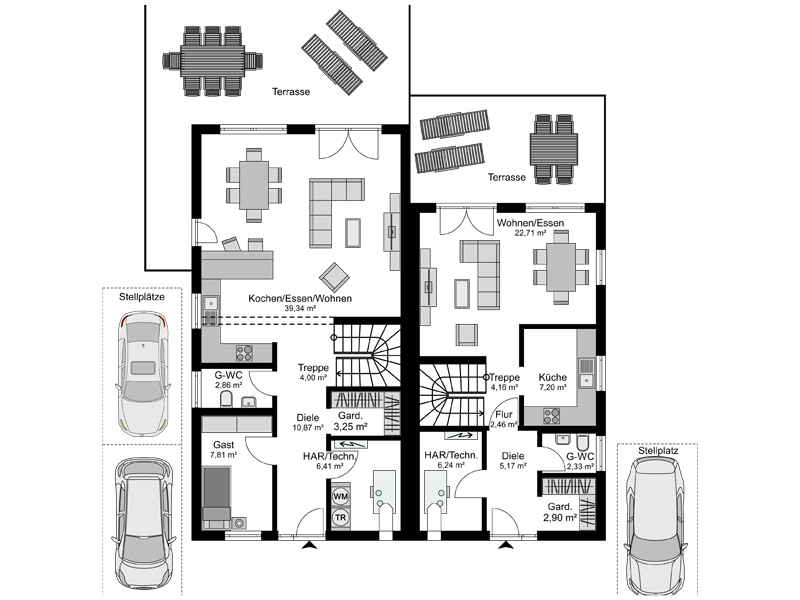 Grundriss Erdgeschoss individuell geplantes Doppelhaus von Streif Haus