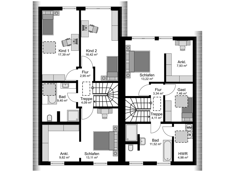 Grundriss Dachgeschoss individuell geplantes Doppelhaus von Streif Haus