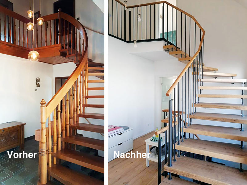 Vorher/Nachher-Vergleich einer Treppe in einem Einfamilienhaus