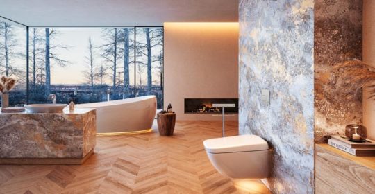 Sehr großes Badezimmer opulent eingerichtet mit Holzfußboden, Marmorfliesen, Übereckverglasug, Kaminofen und intelligentem WC