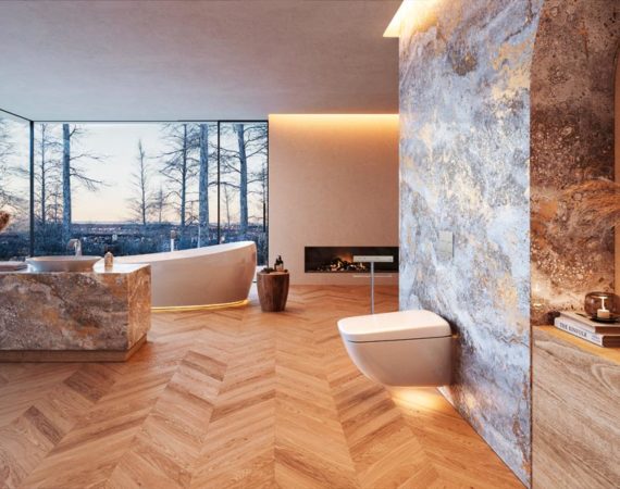 Sehr großes Badezimmer opulent eingerichtet mit Holzfußboden, Marmorfliesen, Übereckverglasug, Kaminofen und intelligentem WC