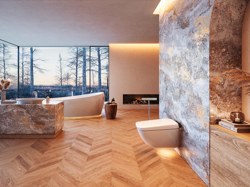 Sehr großes Badezimmer opulent eingerichtet mit Holzfußboden, Marmorfliesen, Übereckverglasug, Kaminofen und intelligentem WC