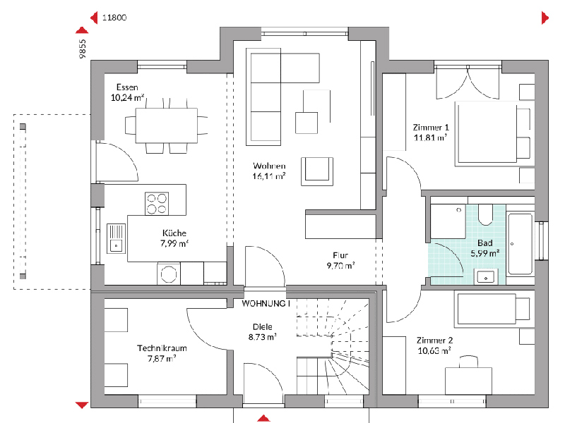 Danwood Zweifamilienhaus Plus 187 Grundriss Erdgeschoss erste Wohneinheit