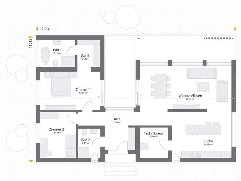 Danwood NEXT Wood 120 ST Grundriss Bungalow mit Satteldach